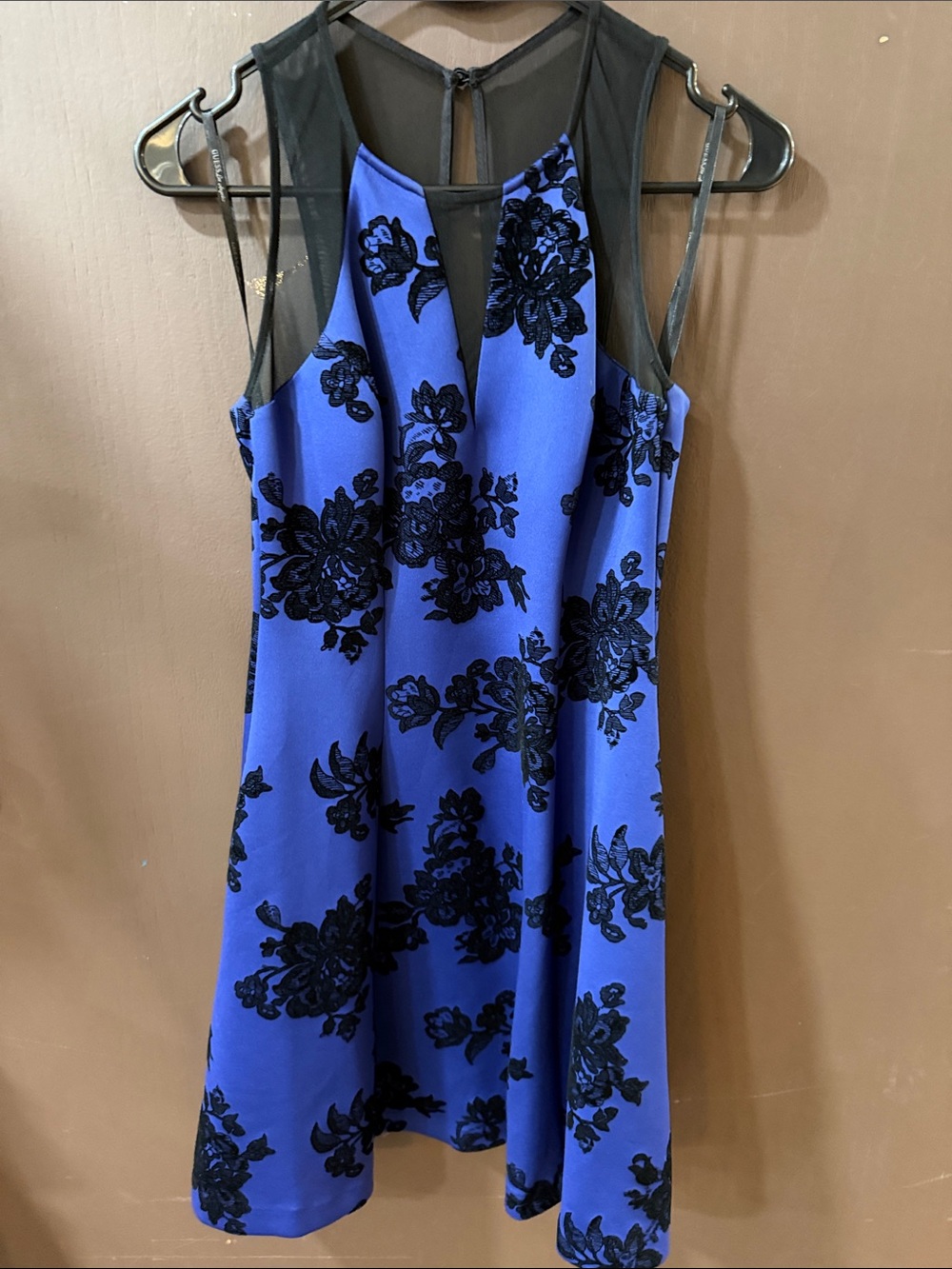 Guess Royal Blue & Black Floral Mesh Yoke Mini Dress